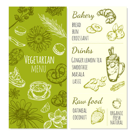 Vegetarian menu sketch template with natural food healthy beverages and fresh organic fruitsのイラスト素材