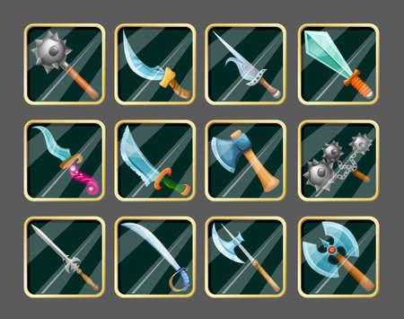 Collection of medieval weapons isolated icon set in squares and in cartoon style vector illustrationのイラスト素材