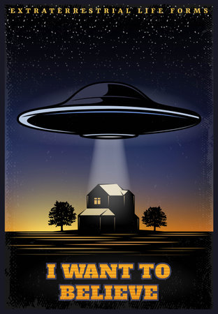 Vintage colored UFO Template with extraterrestrial spaceship abducting human from house vector illustrationのイラスト素材