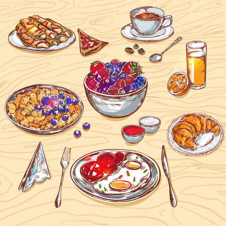 Food breakfast view icon set looks like meal standing on the wooden table vector illustrationのイラスト素材
