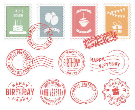 Colorful decorative stamps and postmarks set for birthday greeting postcard letter flat vector illustrationのイラスト素材