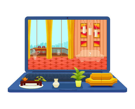 Room interior project on laptop design with lounge at screen and furniture objects on keyboard vector illustrationのイラスト素材