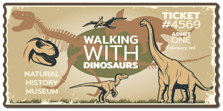 Grungy dinosaur ticket to historic museum with animals of mesozoic era in vintageのイラスト素材