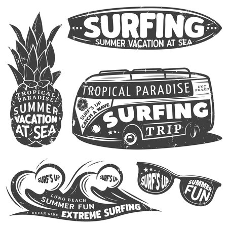 Vintage monochrome surfing graphics set with inscriptions and letterings on pineapple bus water waves sunglasses isolated vector illustrationのイラスト素材