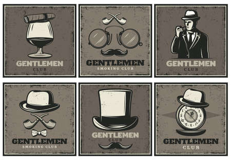 Vintage gentleman club brochures with man whiskey cigar glasses smoking pipe hats mustache clocks isolated vector illustrationのイラスト素材