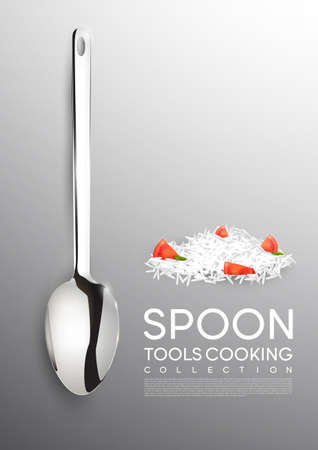 Realistic cooking tool concept with metal spoon and food products on grayのイラスト素材