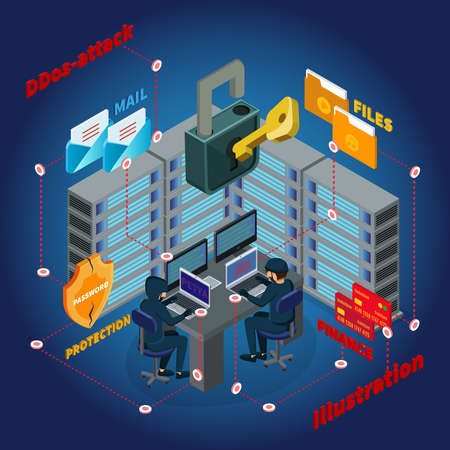 Isometric server Ddos attack template with mail personal files protection financial and personal information hacking vector illustrationのイラスト素材