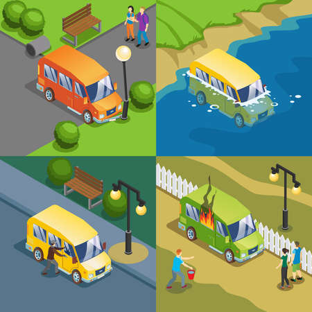 Isometric auto insurance cases concept with car crash accidents and theft isolated vector illustrationのイラスト素材