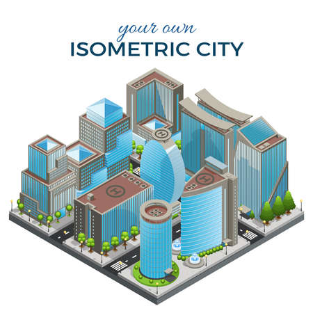 Isometric modern cityscape template with office buildings of different shapes road trees fountains isolated vector illustrationのイラスト素材