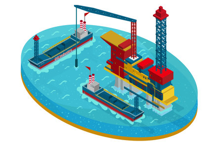 Isometric oil extraction in sea concept with water platform and  ships for petroleum transportation isolated vector illustrationのイラスト素材
