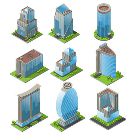 Isometric urban office buildings set of different shapes modern  exterior and architecture isolated vector illustrationのイラスト素材