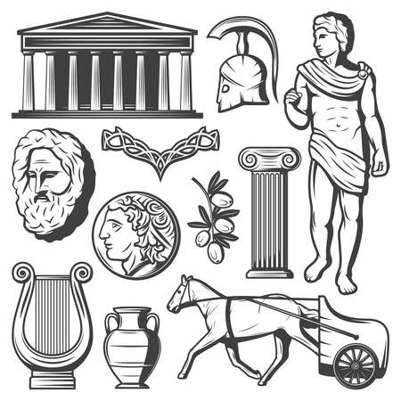 Vintage ancient Greece elements set with greek helmet philosopher face parthenon olive branch column coin chariot vase harp isolated vector illustrationのイラスト素材