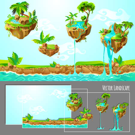 Isometric game tropical nature landscape template with islands palm trees plants stones waterfalls and river vector illustrationのイラスト素材