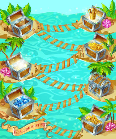 Cartoon game treasure template with closed empty and full of royal crown gold coins bars gemstones on nature landscape vector illustrationのイラスト素材