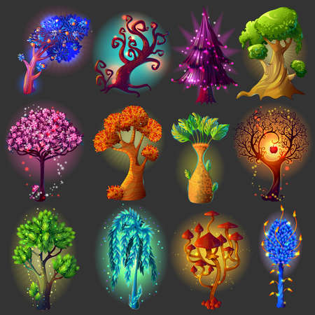 Cartoon natural icon set with multicolored different magic trees isolated and beautiful vector illustrationのイラスト素材