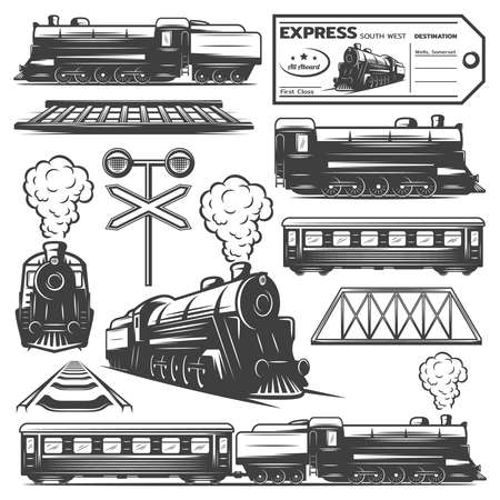 Vintage monochrome locomotive elements collection with train wagons railroad ticket traffic light isolated vector illustrationのイラスト素材