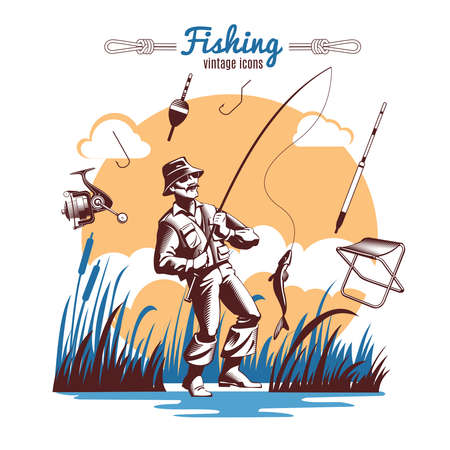 Fishing composition with vintage old style icons of fisher lake reeds fishing gear and title text vector illustrationのイラスト素材