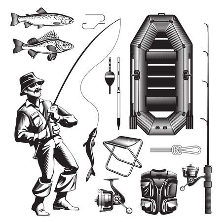 Vintage fishing isolated decorative icon set with old style fisher tackle air boar and other gear vector illustrationのイラスト素材