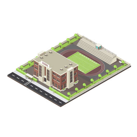Isometric layout of school with stadium green trees and lawn road infrastructure on white background vector illustrationのイラスト素材