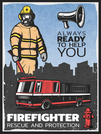 Vintage firefighting colorful poster with fireman in uniform fire engine megaphone and hydrant vector illustrationのイラスト素材