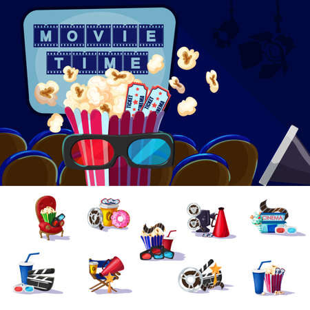 Movie premiere concept with snacks soda tickets 3D glasses chairs award and equipment for cinema production vector illustrationのイラスト素材
