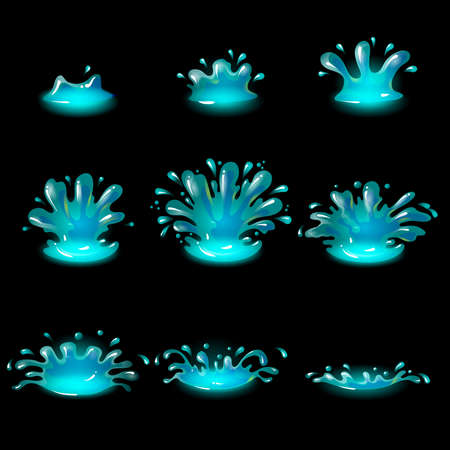 Cartoon water drop burst animation concept with spatters for game design on dark background isolated vector illustrationのイラスト素材