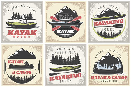 Set of six kanoe and kayak square labels with forest mountain adventure symbols silhouettes and captions vector illustrationのイラスト素材