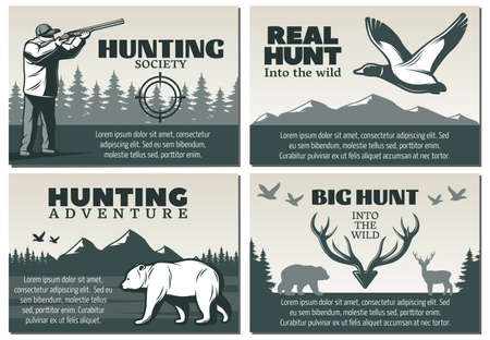 Four compositions set with hunting emblem designs wild birds animals and hunter silhouettes and editable text vector illustrationのイラスト素材