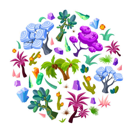 Game design nature elements set with colorful landscape objects in cartoon style isolated vector illustrationのイラスト素材