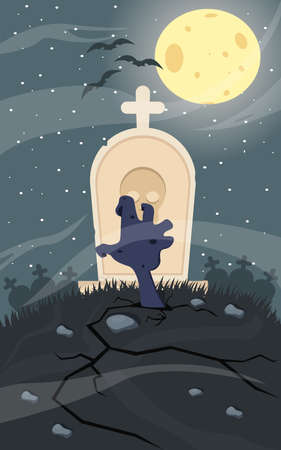 Cartoon flat background with zombie hand crawling from under cemetery ground with moon stars and bats vector illustrationのイラスト素材