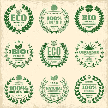Vintage green eco product labels set with inscriptions and decorative natural floral wreathes isolated vector illustrationのイラスト素材