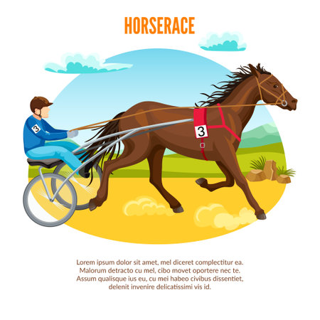 Equestrian sport cartoon template with jockey riding and training horse before competition vector illustrationのイラスト素材