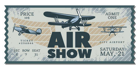 Vintage air show pass ticket with flying airplanes in grunge style vector illustrationのイラスト素材