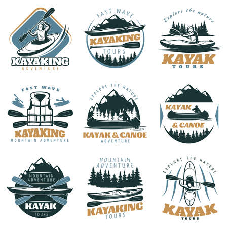 Nine isolated colorful emblems set with kayak and canoe mountain tours with adventure tours retro symbols vector illustrationのイラスト素材