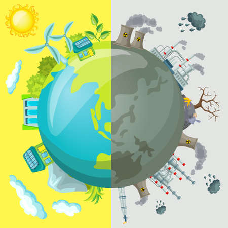 Ecology cartoon comparative concept with clean planet because of use alternative energy sources and dirty earth due to industrial environmental pollution vector illustrationのイラスト素材