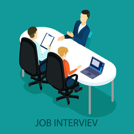 Isometric recruitment process concept with human resources managers interview applicant at office table vector illustrationのイラスト素材