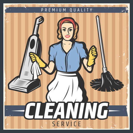 Vintage cleaning poster with maid in gloves mop and duster on striped background vector illustrationのイラスト素材