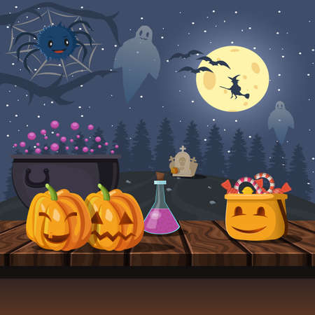 Halloween symbols on a wooden table with stars bats spider and ghosts in the night sky vector illustrationのイラスト素材