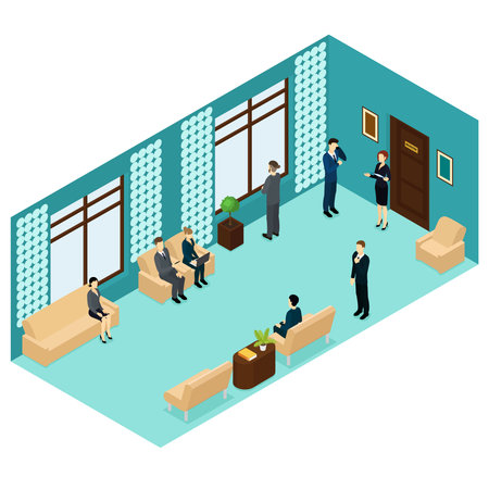 Isometric human personnel recruitment template with people waiting for job interview near office room vector illustrationのイラスト素材