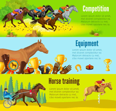 Cartoon equestrian horizontal banners with horserace awards equipment and repetition before competition vector illustrationのイラスト素材