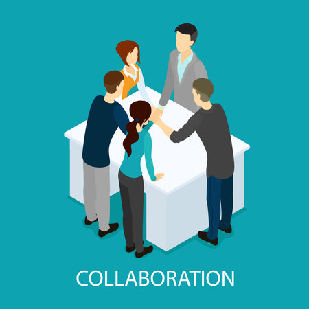 Isometric business partnership and collaboration template with people making teamwork hands connection at table isolated vector illustrationのイラスト素材