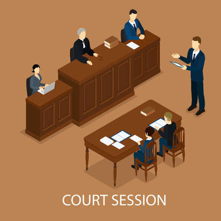 Isometric judicial session concept with judge at trial table and lawyers vector illustrationのイラスト素材