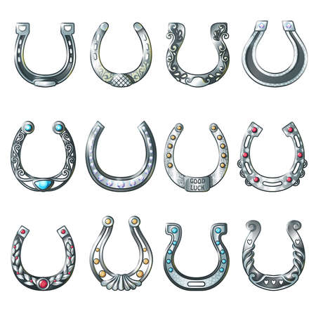 Steel ornate horseshoes collection in cartoon style on white background isolated vector illustrationのイラスト素材
