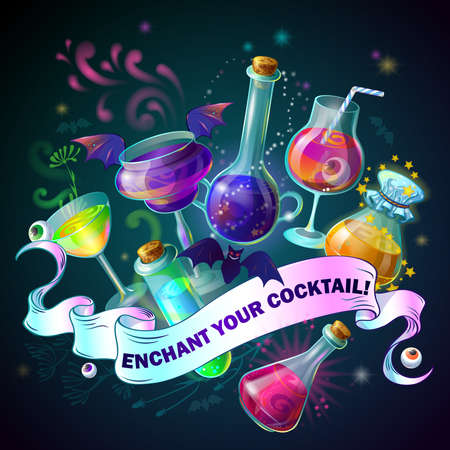 Magic Bottles colored composition with poison flask and headline enchant your cocktail vector illustrationのイラスト素材