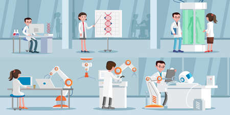 Artificial intelligence horizontal banners with scientists dna research genetic engineering and robotic cybernetic inventions vector illustrationのイラスト素材