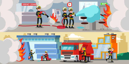 Rescue service colorful horizontal banners with firefighters extinguishing fire in bank office and building outside vector illustrationのイラスト素材