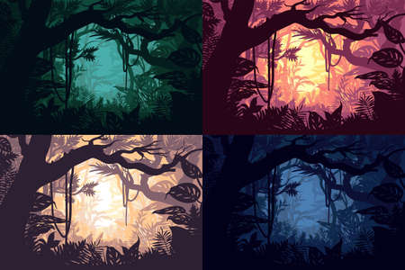 Beautiful jungle landscapes set with tropical forest sceneries in different colors and day time vector illustrationのイラスト素材