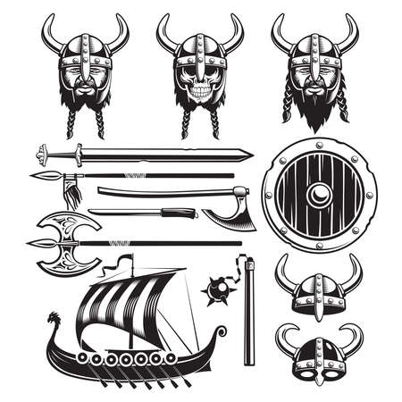 Vintage viking elements set with ship horned helmets skull bearded face and weapon isolated vector illustrationのイラスト素材
