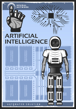 Vintage artificial intelligence poster with android cybernetic arm and neural network on technologic background vector illustrationのイラスト素材