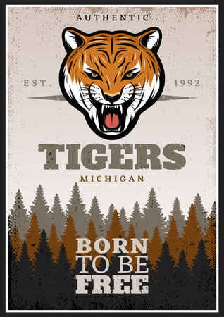 Vintage colorful wild animal poster with angry tiger head and inscription on forest landscape vector illustrationのイラスト素材